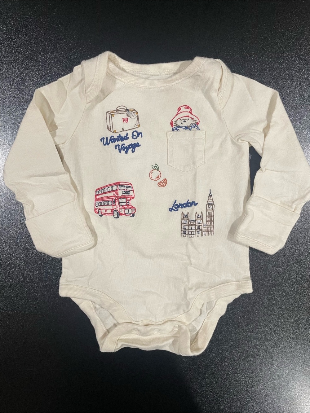 GAP Cream Long-Sleeve Paddington London Embroidered One-Piece. Fits 3-6 mo. 🐻🍊